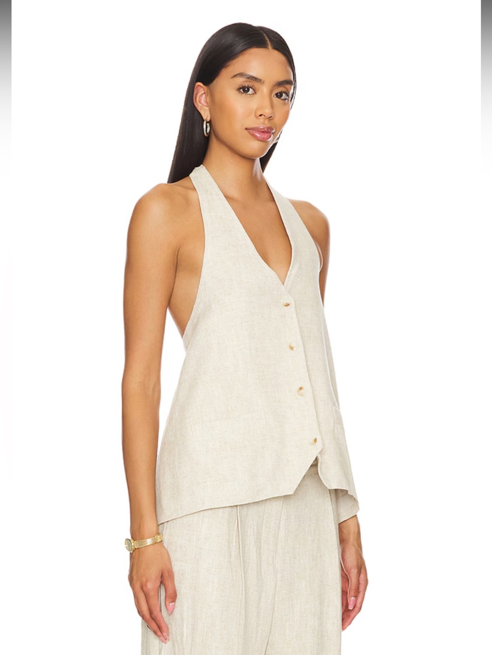 Lioness Hills Linen-Cotton Halter Tie Vest in Oatmeal Sz M - Picture 2 of 12